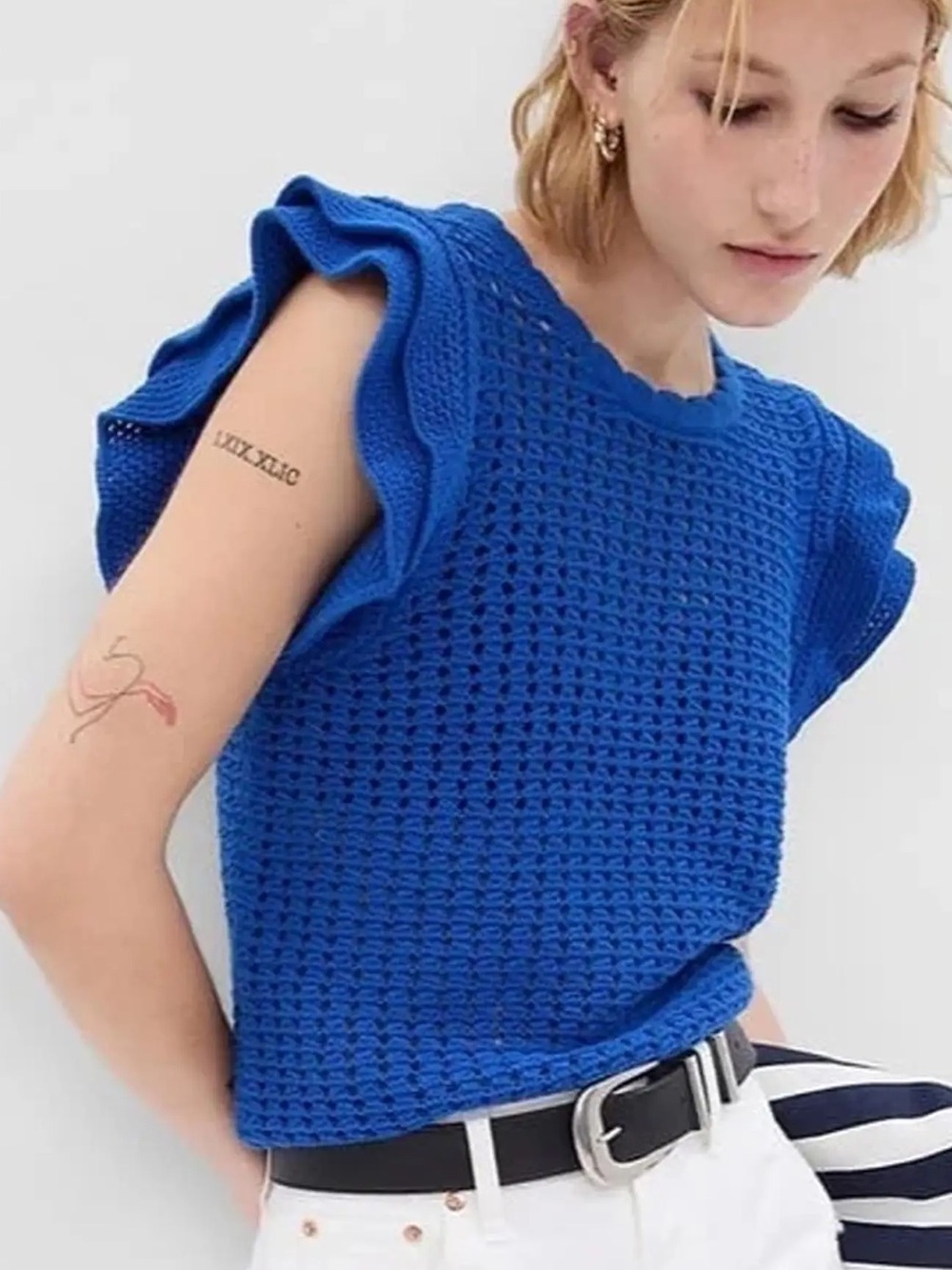 GAP 2023 Cobalt Crochet Ruffle Sleeveless Knit Sweater Vest